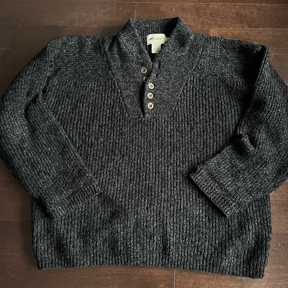 Eddie Bauer Bivi 1/4 Button Knit Sweater Heather Gray Henley Boxy Size L Vintage